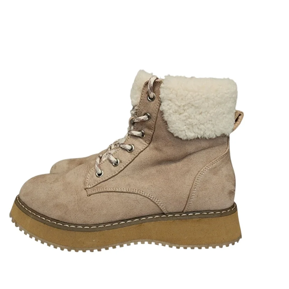 Madden Girl Boots sz 4‎ Girls 5.5 Wom KIMBER Hike Combat Beige Faux Suede Sherpa